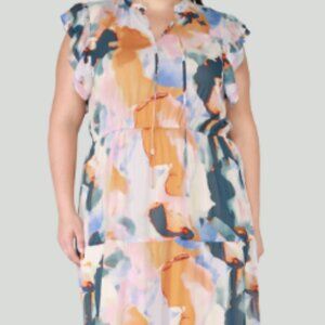 Black Tape Ruffle-Sleeve Tiered Maxi Dress, Watercolor Print, 1X